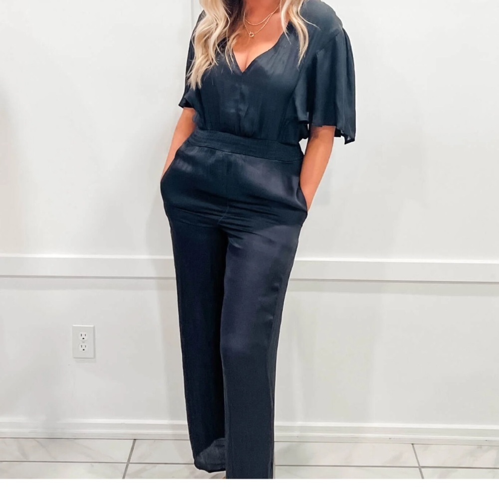 Strut & Bolt Black Satin Kimono Sleeve Wide Leg Jumpsuit